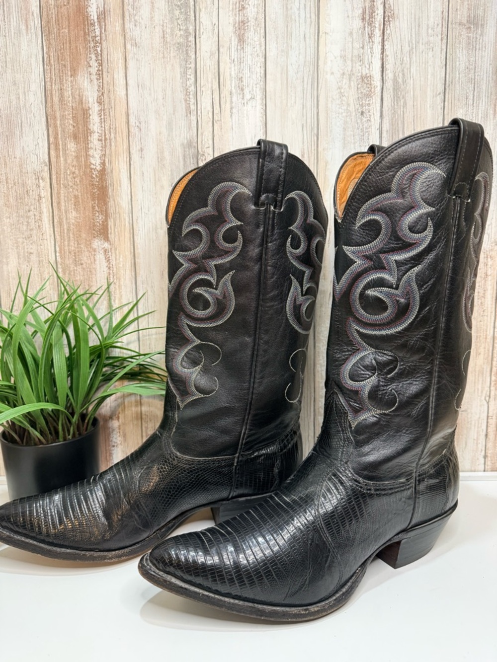 Vintage Nocona cowboy boots crafted from black Teju lizard skin 10 D